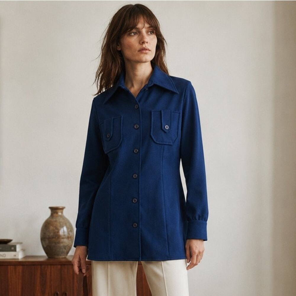 NWT Deadstock Vintage 70s Blue Leisure Suit Jacket Dagger Collar Top S
